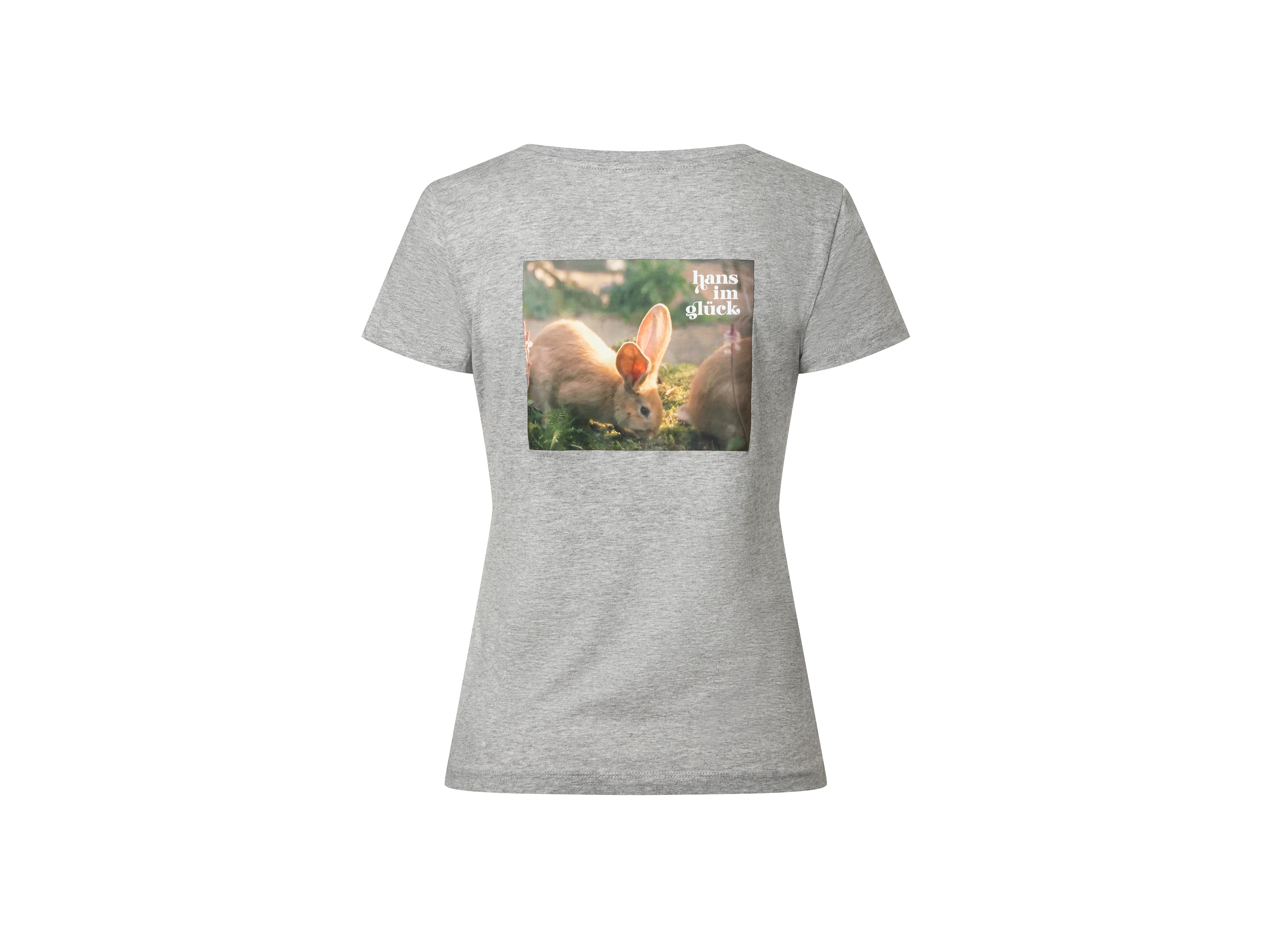 Hellgraues Damen-T-Shirt mit großem Druck eines Landschaftsmotivs in warmen Farben. Vorderansicht, freigestellt.