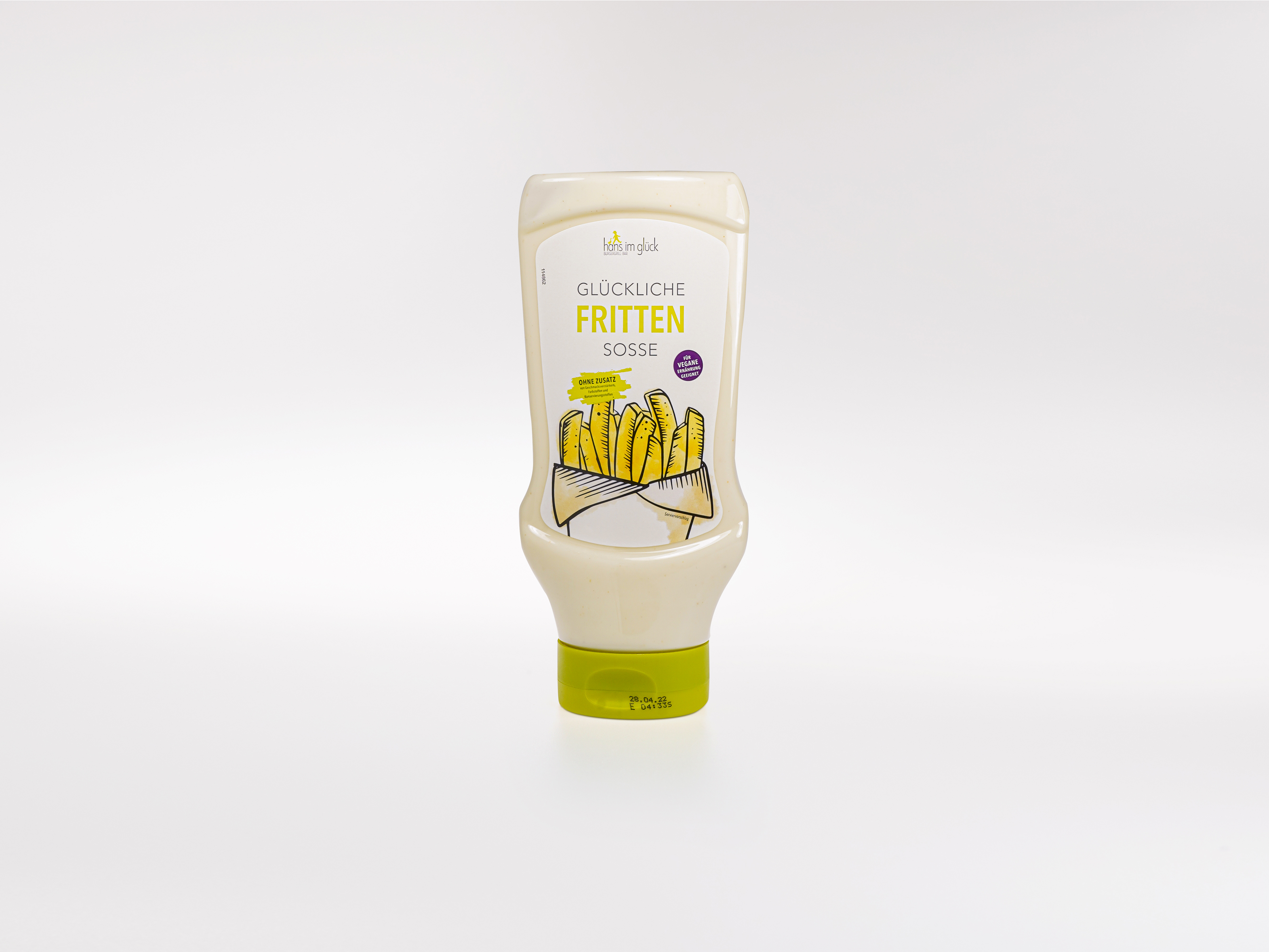 Verpackte Mayonnaise in transparentem Kunststoffsqueezer mit gelbem Deckel, Label „Hans im Glück“ mit Illustration, freigestellt.