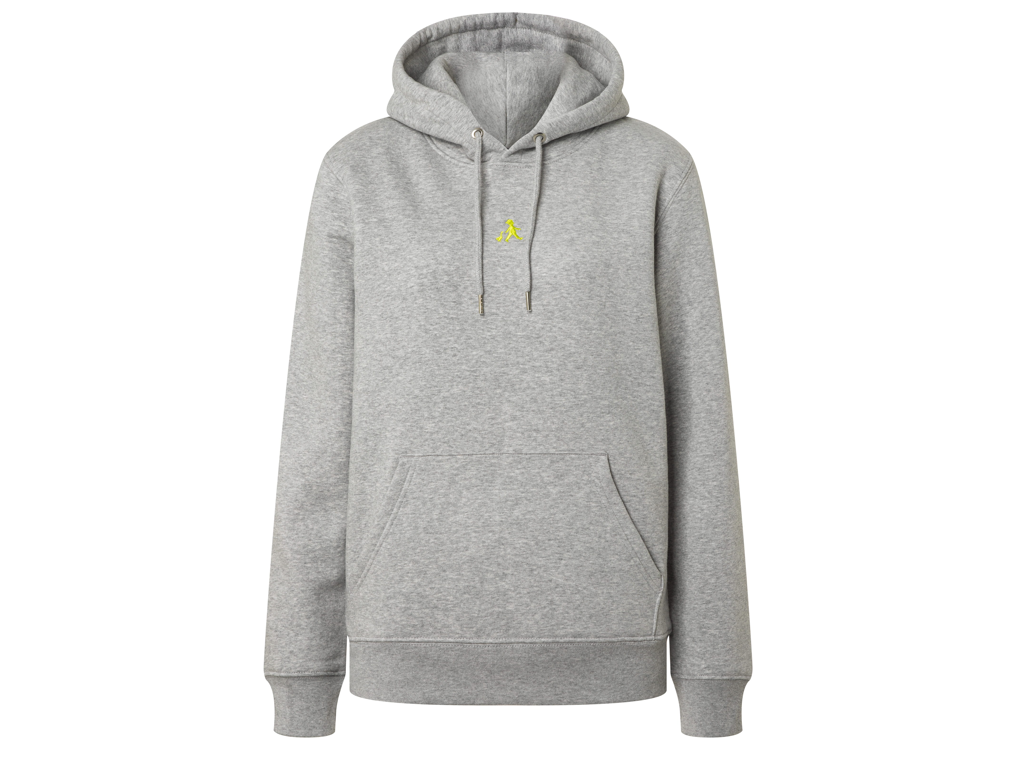 Produktbild eines grauen Hoodies mit Kapuze und gelbem Brustprint, fotografiert frontal auf weißem Hintergrund.