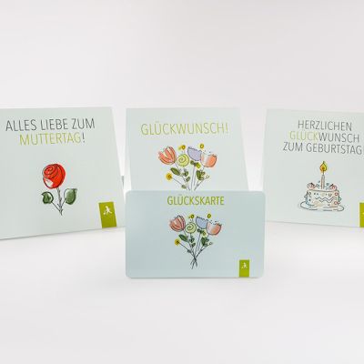 Gedruckte Gutscheinkarten von Hans im Glück mit Blumen- und Geburtstagsmotiven für Muttertag, Glückwünsche und Geburtstag