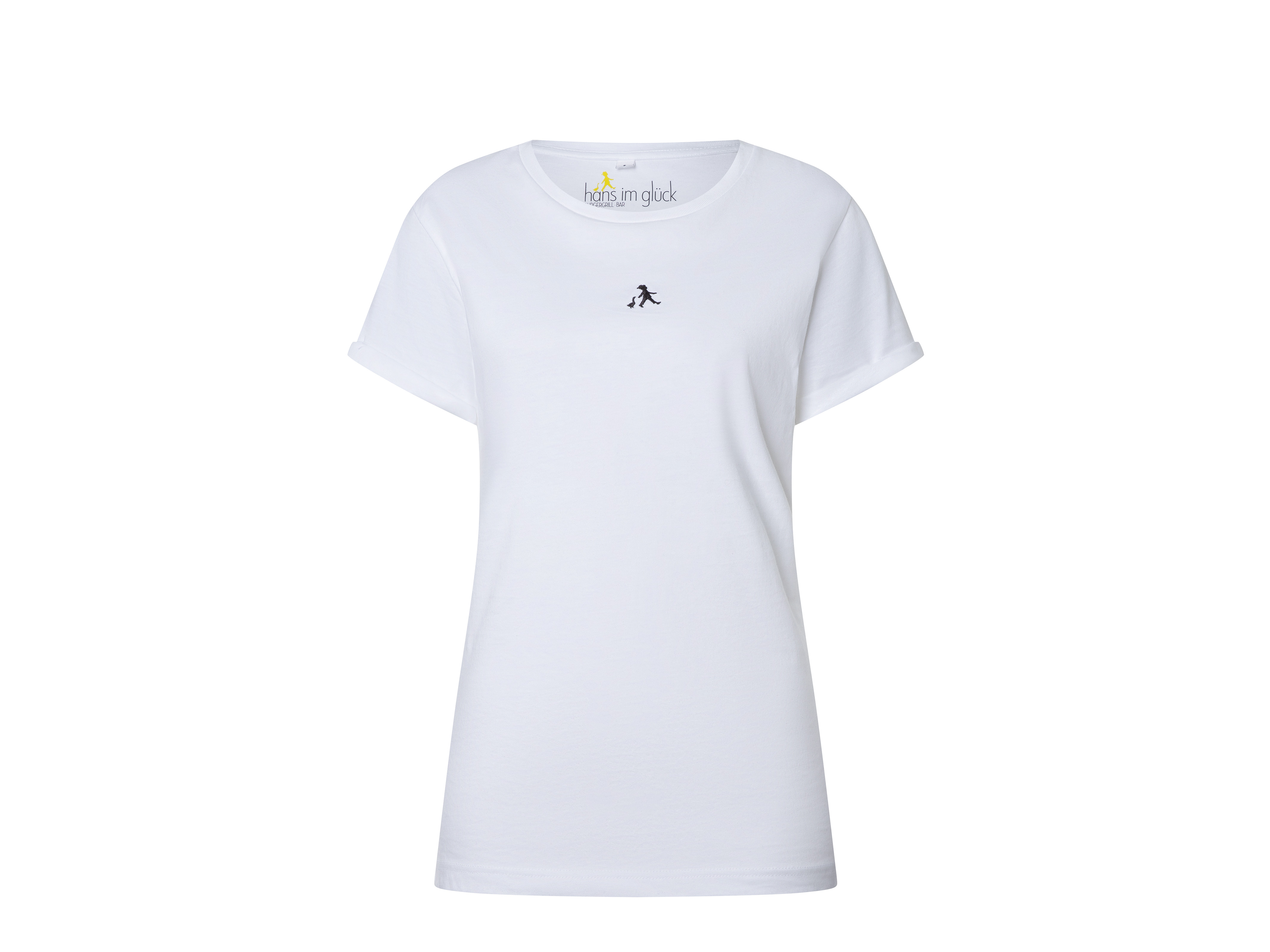 Weißes T-Shirt mit schmalem Schnitt und kleinem schwarzen Logo vorne links. Klare, klassische Produktdarstellung.