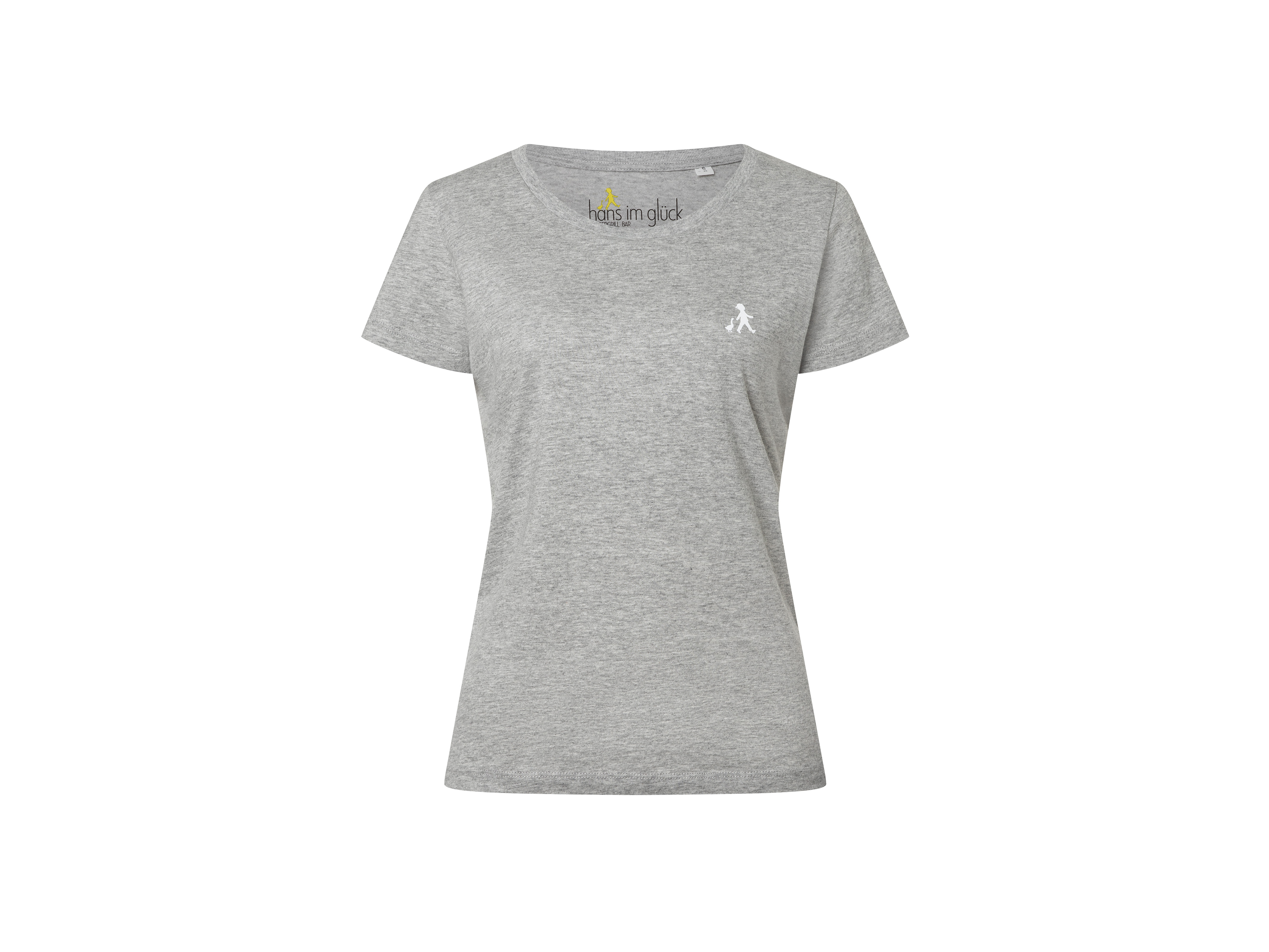 Damen-T-Shirt in Hellgrau mit dezentem gelben Logo auf der linken Brustseite. Produktbild auf weißem Hintergrund.