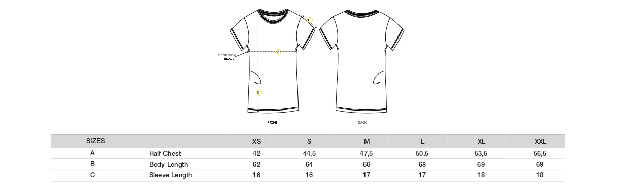 Technische Zeichnung eines Damen-T-Shirts mit Maßlinien für Brustweite, Körperlänge und Ärmellänge; darunter Größentabelle von XS bis XXL