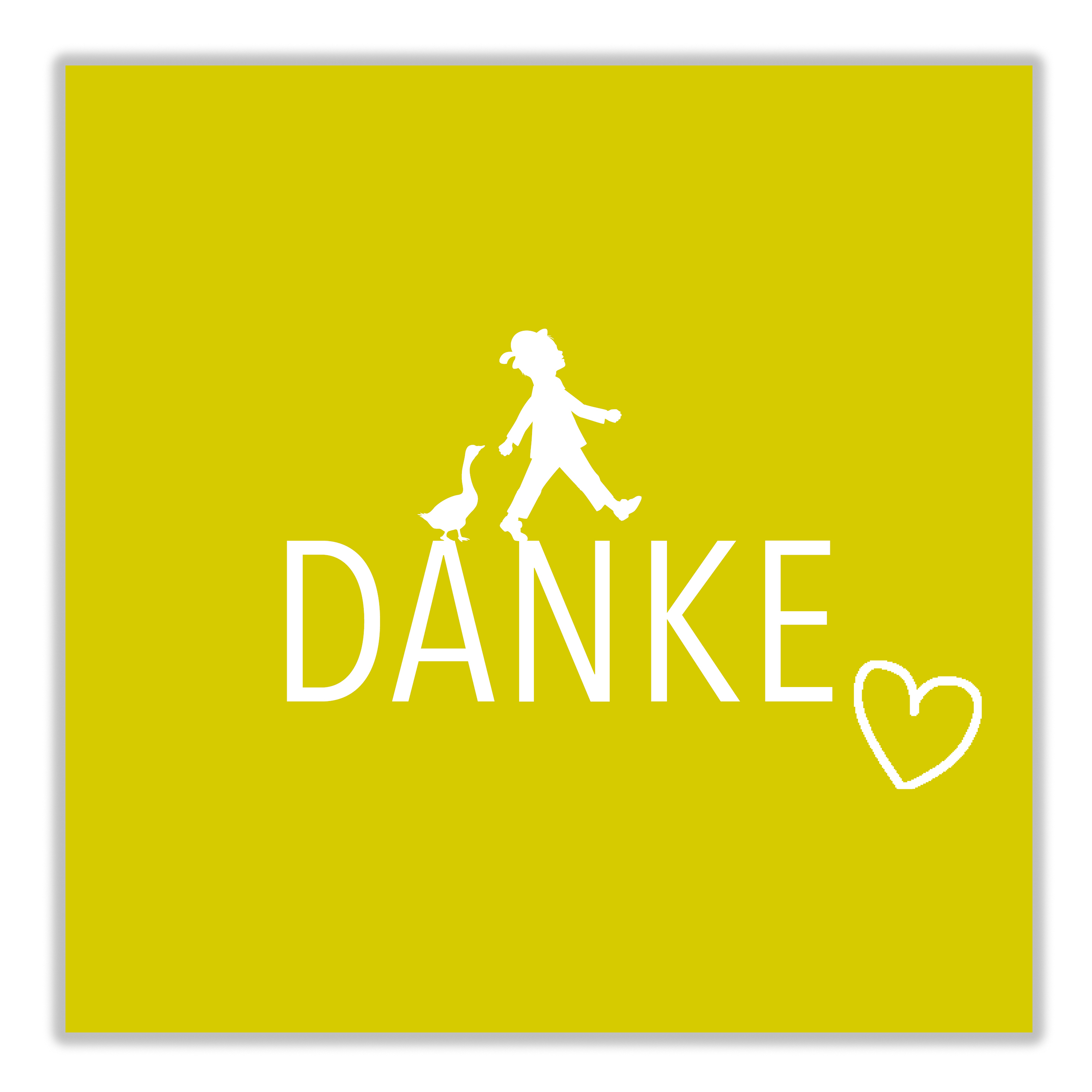 Gutscheinhülle von ‚Hans im Glück‘ mit gelbem Hintergrund, weißem Schriftzug ‚DANKE‘, Herzsymbol und dem bekannten Gänsemotiv – perfekte Verpackung für ein persönliches Dankeschön