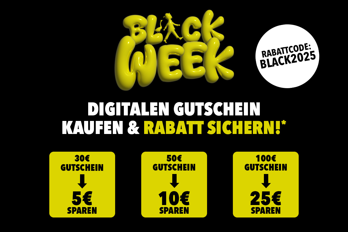 Black Week Aktion: Auffälliger gelber Schriftzug ‚Black Week‘ vor schwarzem Hintergrund, Rabattcode BLACK2025 und Hinweis auf digitale Gutscheine mit Preisvorteil