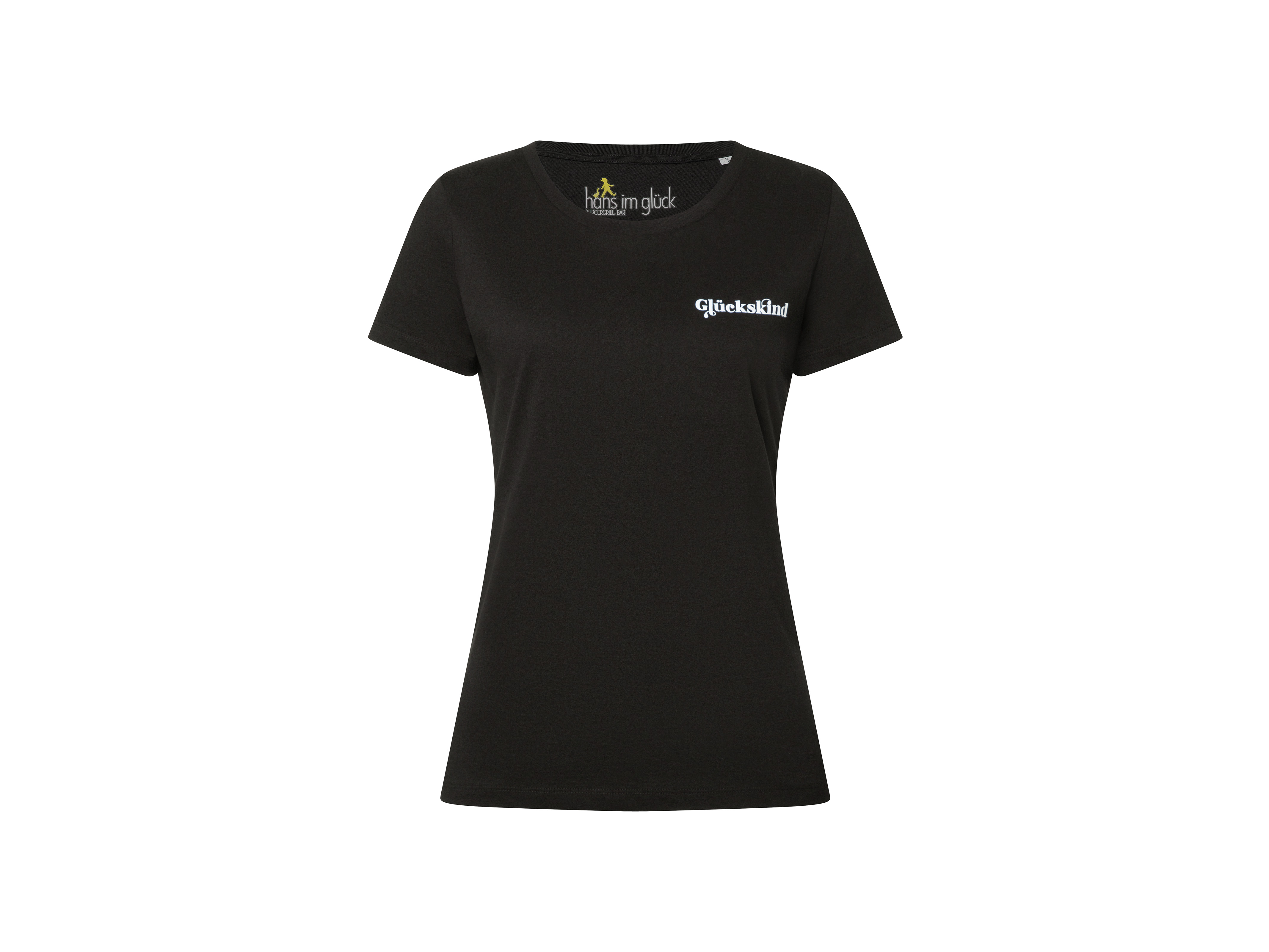 Schwarzes T-Shirt mit kleinem weißen Logo auf der linken Brustseite. Taillierter Schnitt für Damen, schlichtes Design.