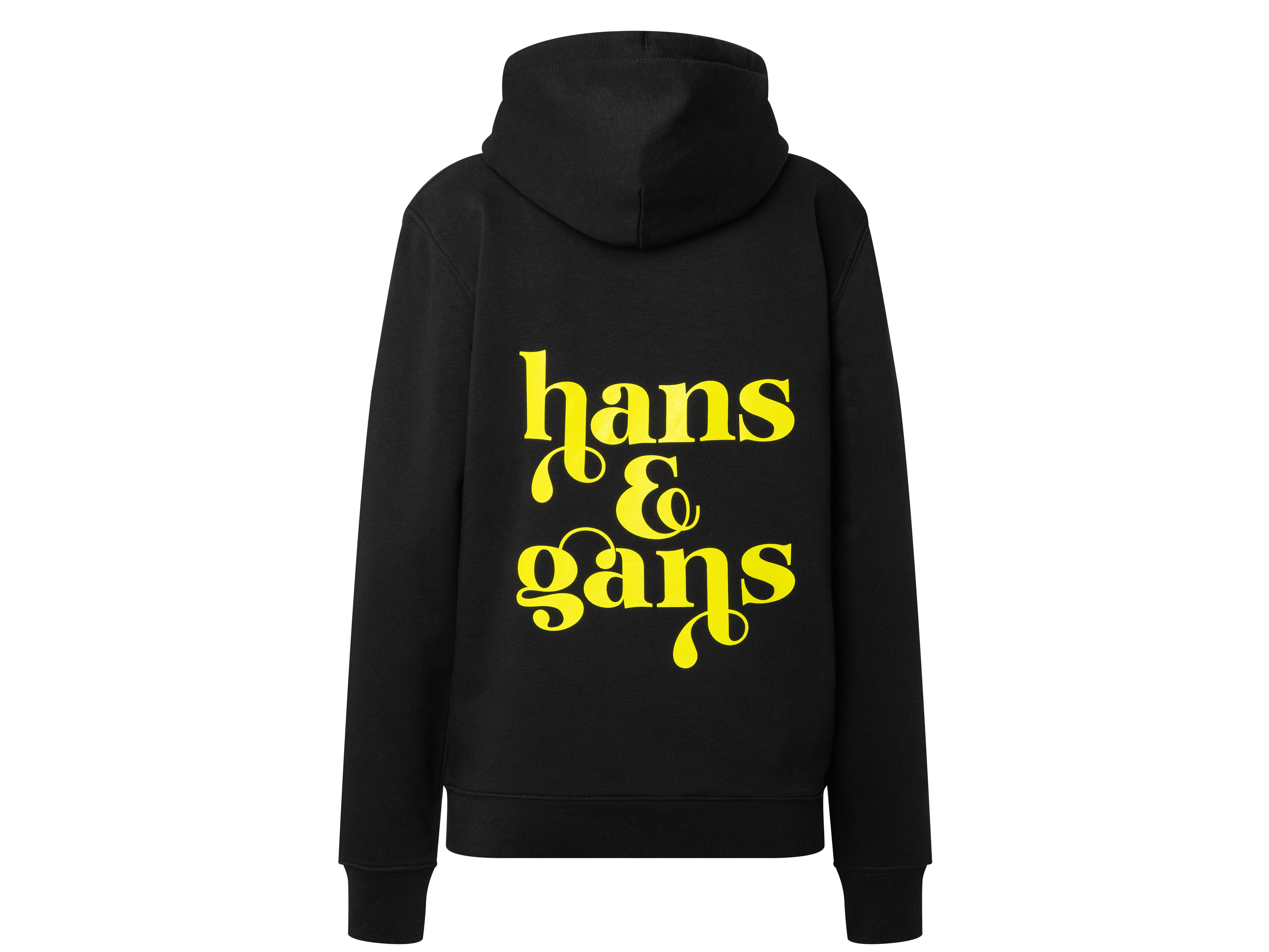 Rückansicht des schwarzen Hoodies mit großem gelben „hans & gans“-Print im Zentrum. Das Motiv hebt sich klar vom dunklen Stoff ab.