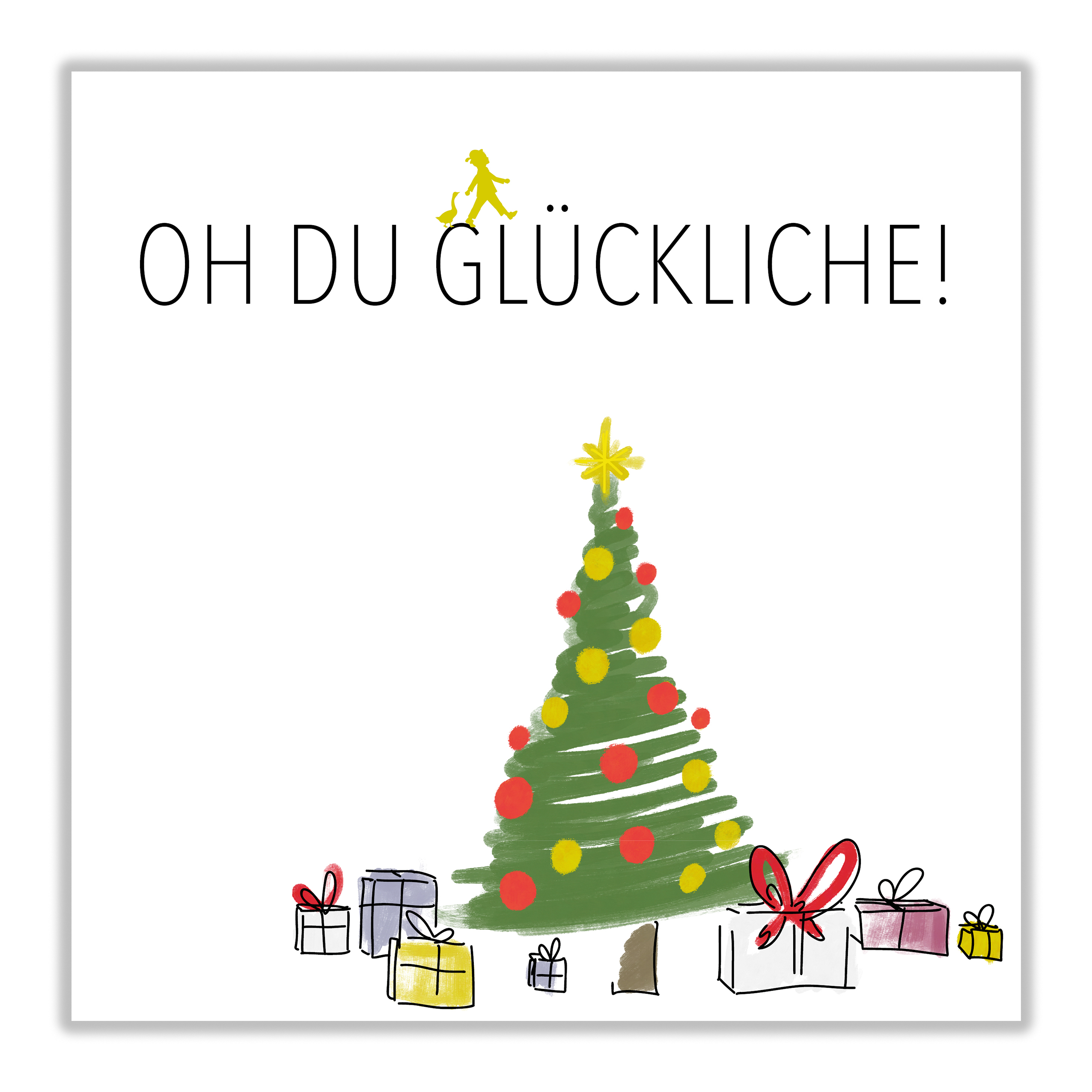 Weihnachtliche Gutscheinhülle von ‚Hans im Glück‘ mit geschmücktem Tannenbaum, Geschenkpaketen und dem Schriftzug ‚Oh du Glückliche!‘ – festliche Verpackung für Gutscheine zur Weihnachtszeit.