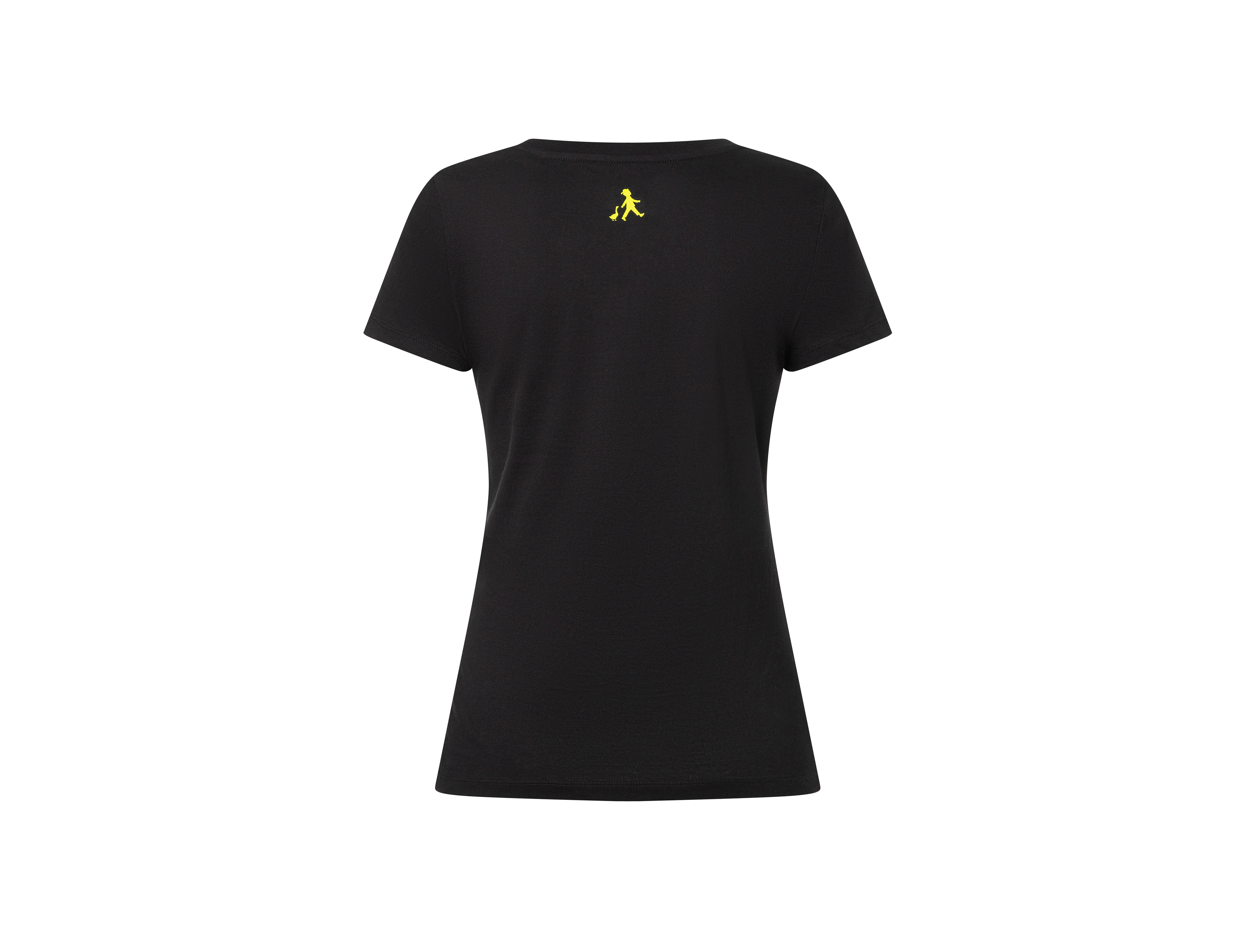Damen-T-Shirt in Schwarz mit auffälligem gelben Maskottchenprint mittig auf der Rückseite. Modisch und markenstark.